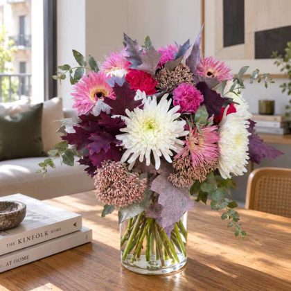 bouquet gerbera chrysanthemum sedum carnation oak leaf